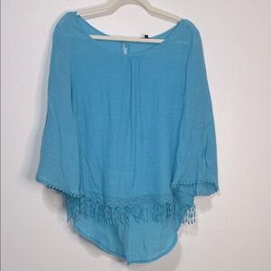 Unique Spectrum NWOT Aqua Blouse with Fringe Size XL PTP 22”